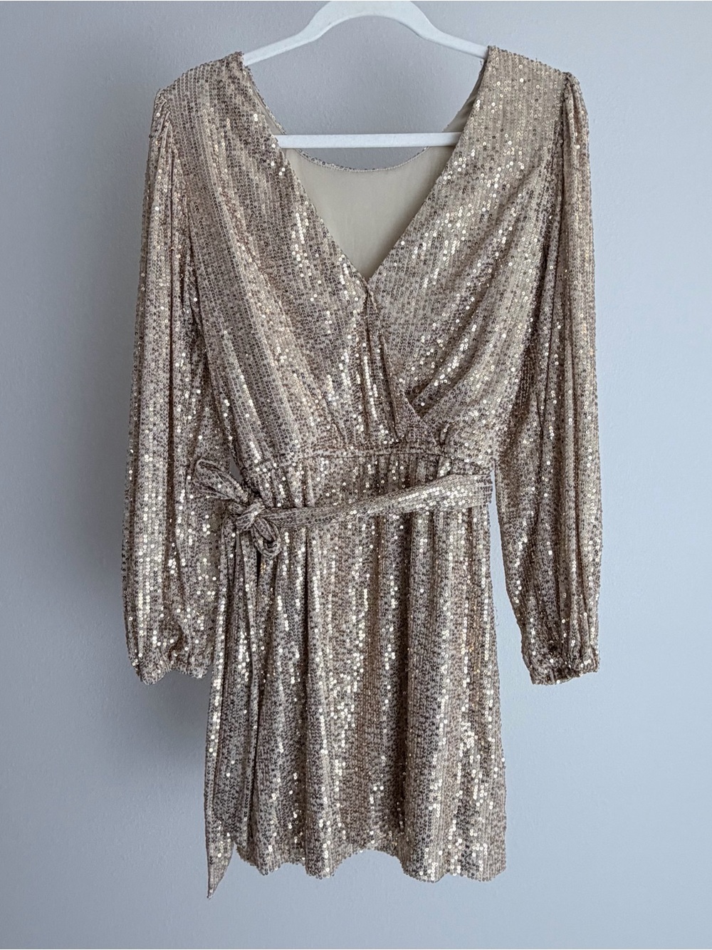 Sparkling Champagne Sequin Wrap Dress with Belt
